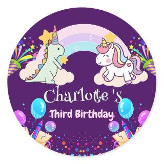 Cute Dinosaur Unicorn rainbow Balloon birthday  Classic Round Sticker