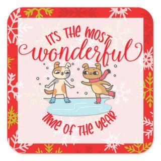 Cute Dog Christmas Most Wonderful Time Red Square Sticker