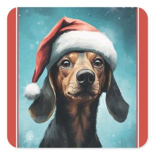 Cute Dog Wearing Santa Hat Dachshund Christmas Square Sticker