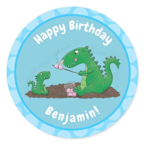 Cute dragons roasting marshmallows cartoon classic round sticker
