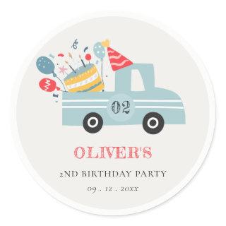 Cute Dusky Blue Any Age Birthday Party Cake Truck Classic Round Sticker