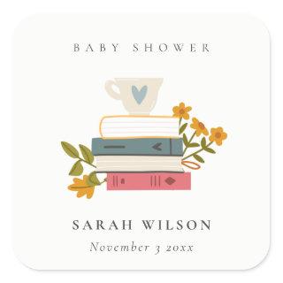 Cute Dusky Stacked Storybooks Floral Baby Shower Square Sticker