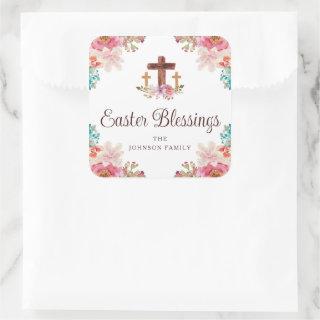 Cute Easter Blessings Floral Cross  Square Sticker