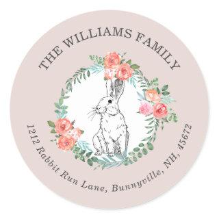 Cute Easter Bunny Floral Wreath Watercolor Mauve Classic Round Sticker