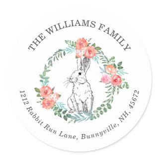 Cute Easter Bunny Flower Wreath Watercolor Classic Round Sticker