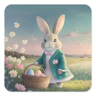 Cute Easter bunny in little blue jacket Square Sticker