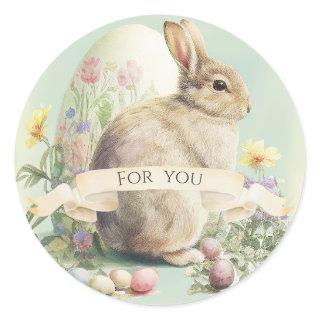 Cute Easter Bunny with flowers an egg Classic Round Sticker