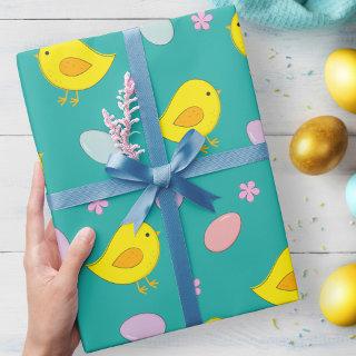 Cute Easter Eggs Chicks Spring Pattern Teal green