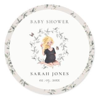 Cute Elegant Expectant Women Foliage Baby Shower Classic Round Sticker