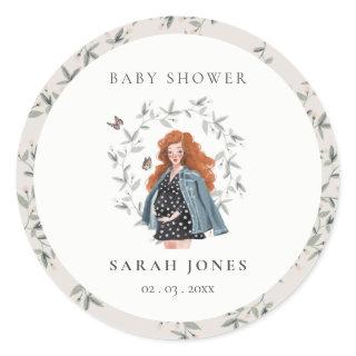 Cute Elegant Expectant Women Foliage Baby Shower Classic Round Sticker