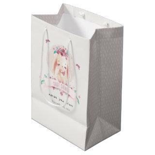 Cute Elegant Pink Floral Bunny & Birds Baby Shower Medium Gift Bag