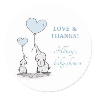 Cute Elephant Blue Heart Balloons Boy Baby Shower Classic Round Sticker