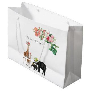 Cute Elephant & Giraffe Floral Custom Name Large Gift Bag