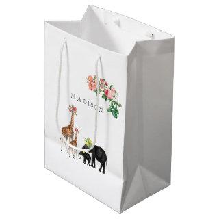 Cute Elephant & Giraffe Floral Custom Name Medium Gift Bag