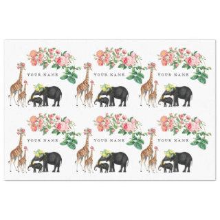 Cute Elephant & Giraffe Floral Custom Name Tissue Paper