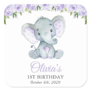 Cute Elephant, Purple Flowers, First Birthday Square Sticker