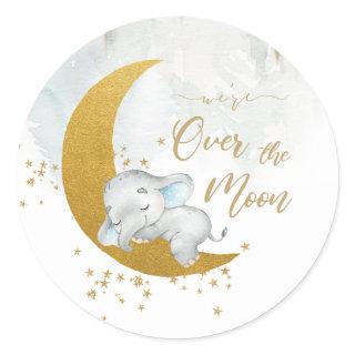 Cute Elephant We're Over the Moon Boy Baby Shower Classic Round Sticker