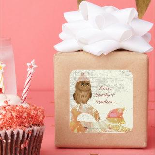 Cute Eyes Owl Fox Hats and Sweaters Barn Wood Square Sticker
