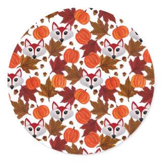 Cute Fall Fox Pumpkin Acorn Maple Leaf Watercolor Classic Round Sticker