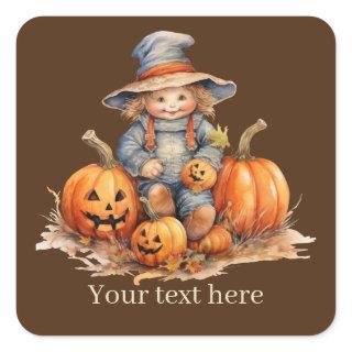 Cute Fall Seasonal scarecrow add text pumpkin  Square Sticker