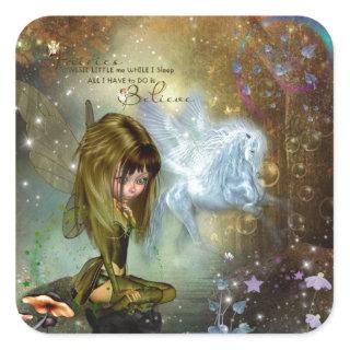Cute Fantasy Fairy & Pegasus Believe Quote Square Sticker