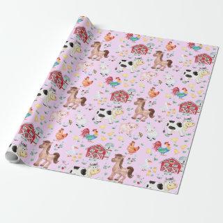 Cute Farm Animals Barnyard Pink Background