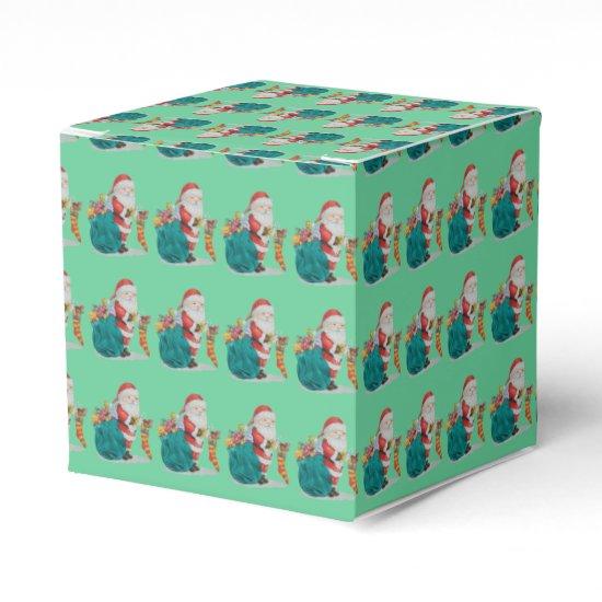 cute father christmas with gifts and toys in sack favor boxes