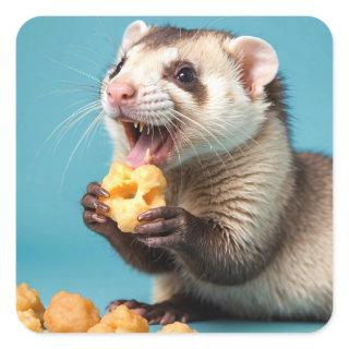 Cute Ferret Eating Cheese Puffs Square Sticker