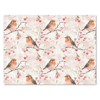 Cute finch bird on snowy winter tree & red berries tissue paper