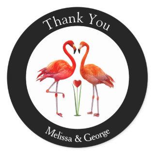 Cute Flamingo Couple Thank You on Black & White Classic Round Sticker
