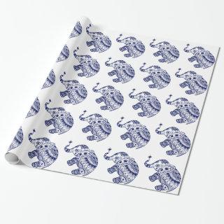 Cute Floral Elephant In White And Navy Blue