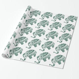 Cute Floral Elephant In White Forest Green