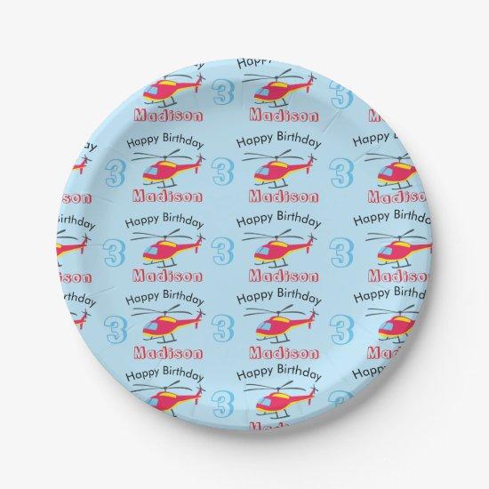 Cute Flying Helicopter Birthday Name & Age Paper Plates