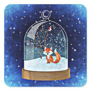Cute fox inside a snow globe square sticker
