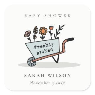 Cute Freshly Picked Blue Floral Cart Baby Shower Square Sticker