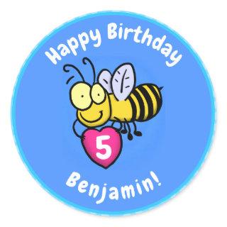 Cute funny bee with heart cartoon illustration classic round sticker