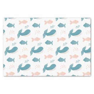 Cute funny blue whale and fish. Nautical animal  Tissue Paper