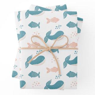 Cute funny blue whale and fish. Nautical animal   Sheets
