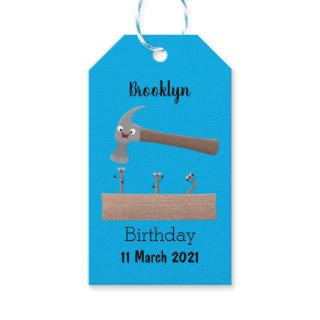 Cute, funny hammer and nails cartoon illustration  gift tags