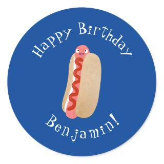 Cute funny hot dog Weiner cartoon  Classic Round Sticker