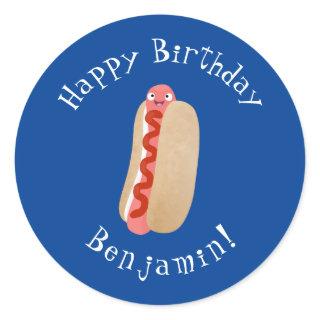 Cute funny hot dog Weiner cartoon  Classic Round Sticker