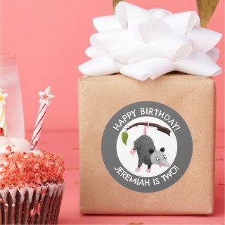 Cute funny opossum personalized birthday cartoon classic round sticker
