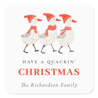 Cute Funny Red Winter Quacking Christmas Ducks  Square Sticker
