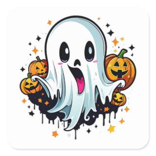 Cute Ghost and Happy Pumpkins Square Sticker