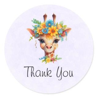 Cute Giraffe with Floral Crown Thank You Classic Round Sticker