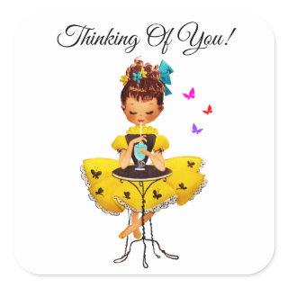 Cute Girl In Yellow Dress Thinking Of You Square Sticker