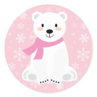 Cute Girl Polar Bear Winter Snowflake Pink Classic Round Sticker