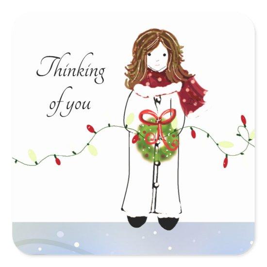 Cute Girl With Wreath and Lights Square Sticker