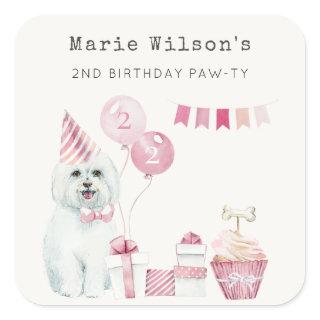 Cute Girls Pink Party Puppy Dog Any Age Birthday  Square Sticker