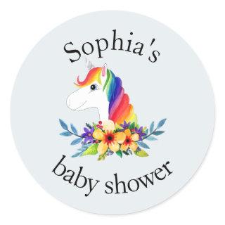 Cute Girly Rainbow Unicorn Name Baby Shower Classic Round Sticker